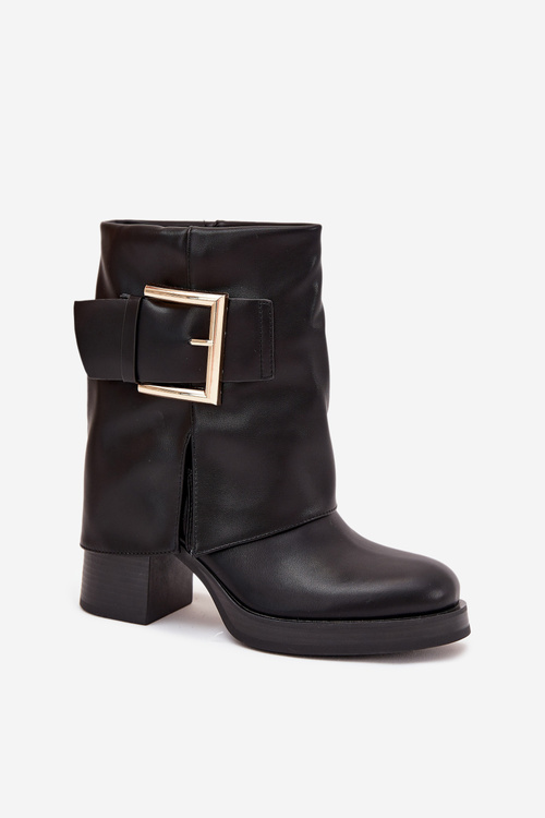 Жіночі Теплі Чоботи На Каблуку З Золотою Пряжкою Чорні Milira