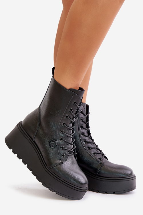 Чоботи робочі шкіряні утеплені на платформі та танкетці Vinceza 58338 Чорні