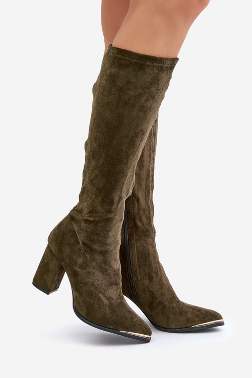 Еко-замшеві чоботи на каблуці Темно-зелений батира