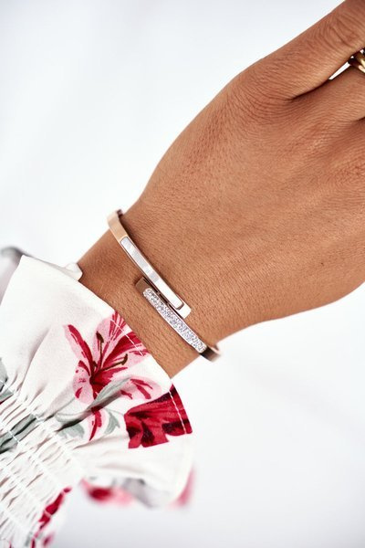 Жіночий браслет сталевий з цирконами рожеве золото секвана