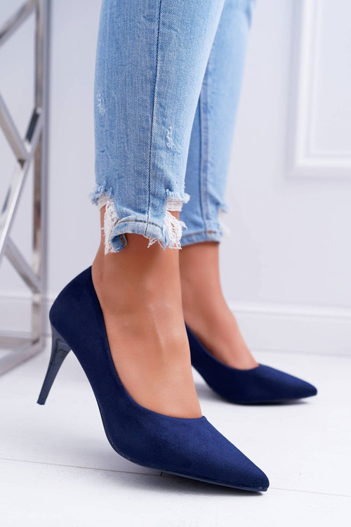 Жіночі туфлі на шпильці замшеві з гострим загостренням синього кремового кольору