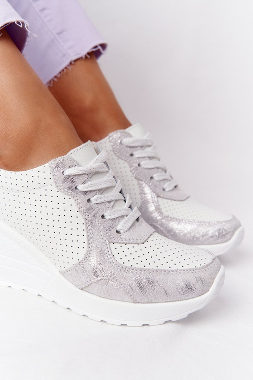 Шкіряні кросівки на танкетці S.Barski біло-сріблясті