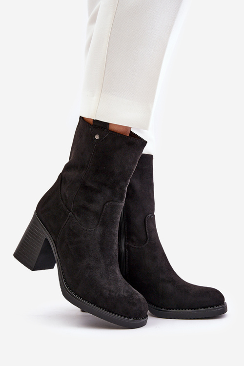 Жіночі утеплені ботильйони на підборах з еко-замші чорні Vellinga