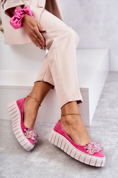 Замшеві балетки на платформі з орнаментом кольору фуксії