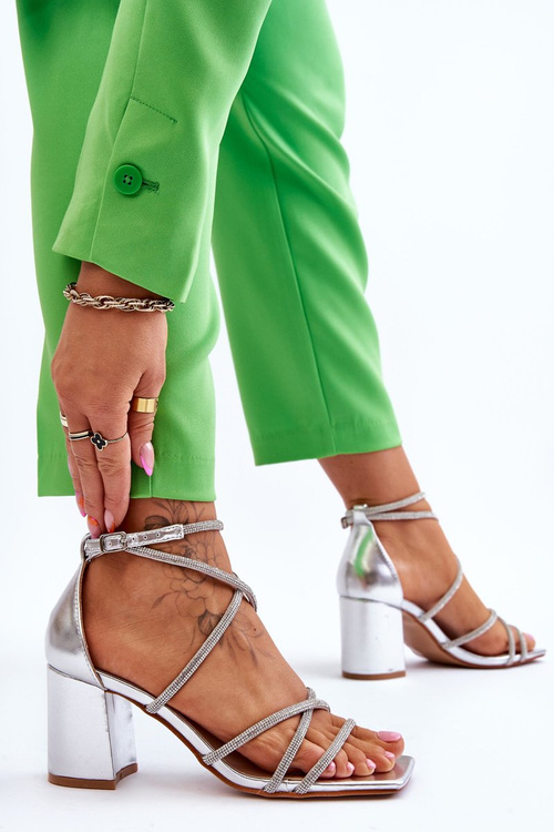 Жіночі шкіряні босоніжки на підборах з цирконію, срібні Liviano