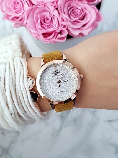 Жіночий годинник Michael John Evento, гірчичний, замшевий і парчовий ремінець