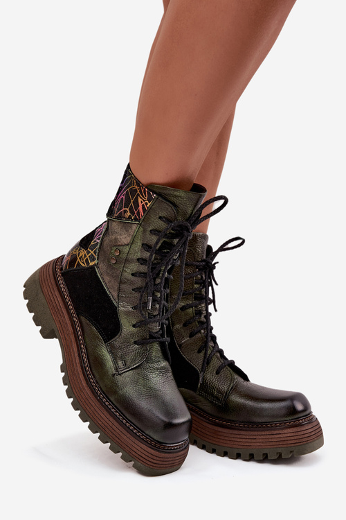 Шкіряні жіночі робочі черевики на платформі Maciejka 07104-09 Темно-зелений