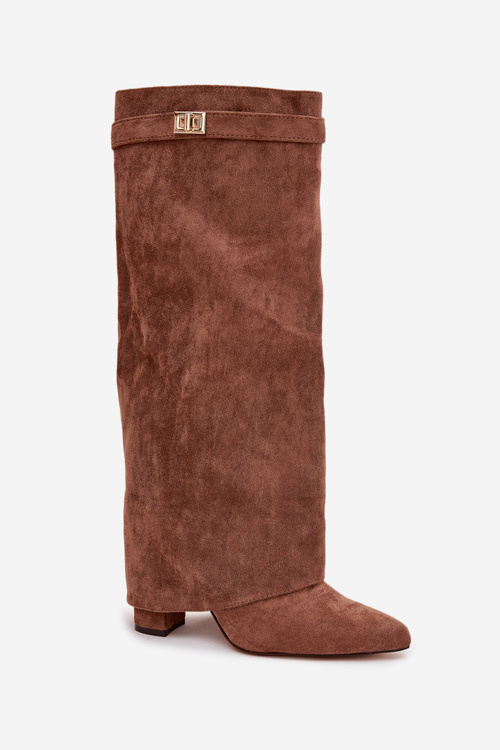 Evo екологічні замшеві чоботи підборах колона з блискавкою підкладкою закручена гомілка темно бежевий Evyra
