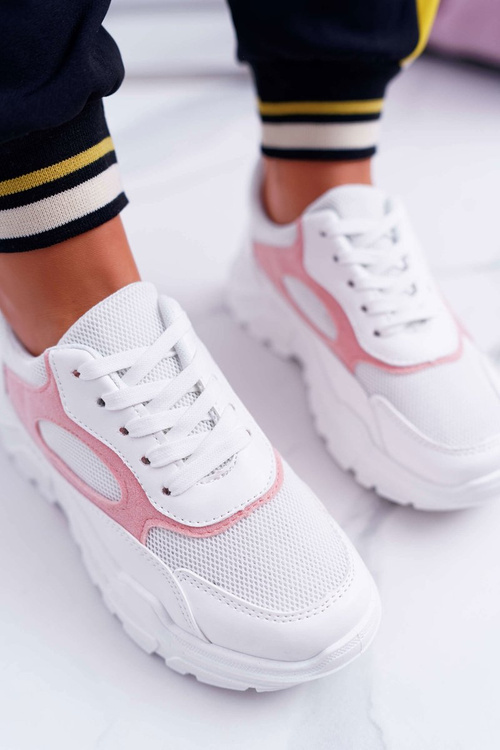 Спортивне жіноче взуття на товстій підошві білі рожеві HighStep