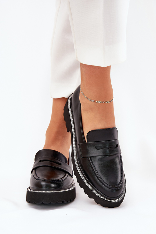 Жіночі Мокасини Еко Шкіра З Цирконіями Чорні Wilamla