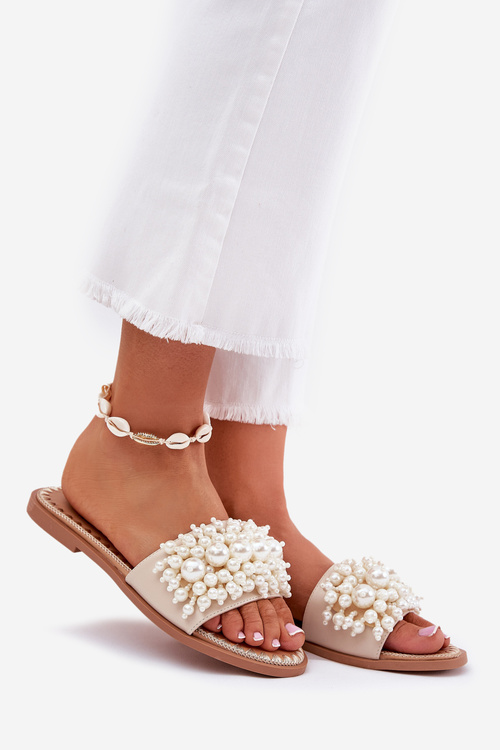 Жіночі Плоскі Сандалі З Декоративними Перлинами Бежеві Aricca