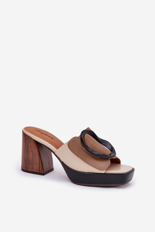 Жіночі сандалі на стовпчиковому каблуку з пряжкою темно-бежеві Amuria