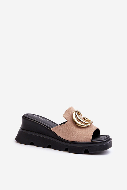 Жіночі Сандалі З Екологічного Замшу На Танкетці І Платформі З Золотою Декорацією Vinceza 58295 Бежеві