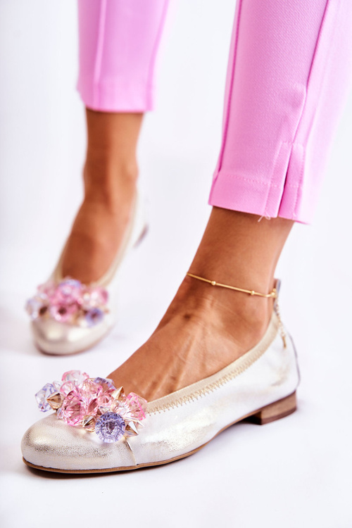 Жіночі шкіряні балетки Zazoo 2749 з кристалами біло-золоті