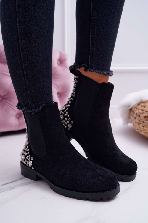 Жіночі чоботи на плоскій підошві, металеві шпильки, чорні бінарні