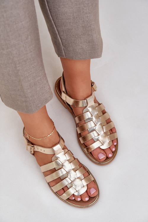 Шкіряні Сандалі На Плоскому Каблуці Zazoo 3686 Золоті