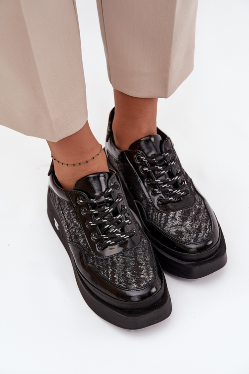 Шкіряне жіноче взуття на шнурках на платформі Artiker 57C2043 Чорно-сріблясті