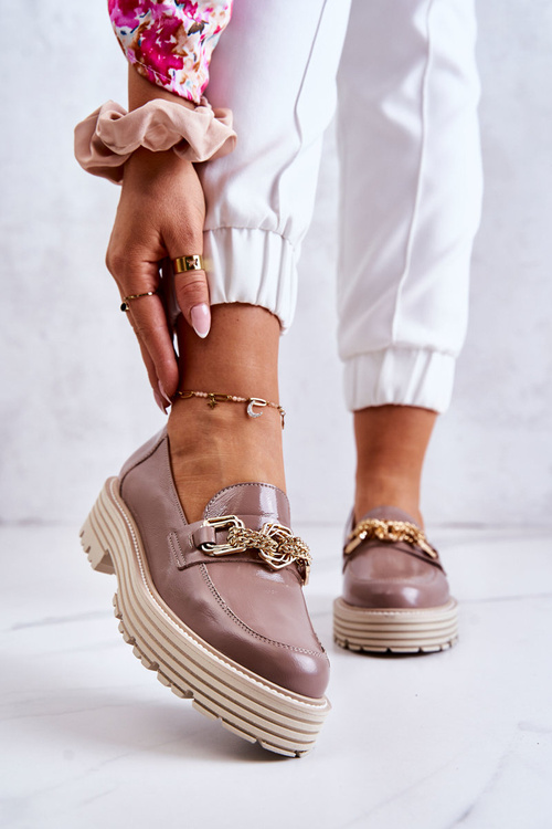 Жіночі туфлі броги шкіряні золотисті прикраси темно-бежеві Laura Messi 2383