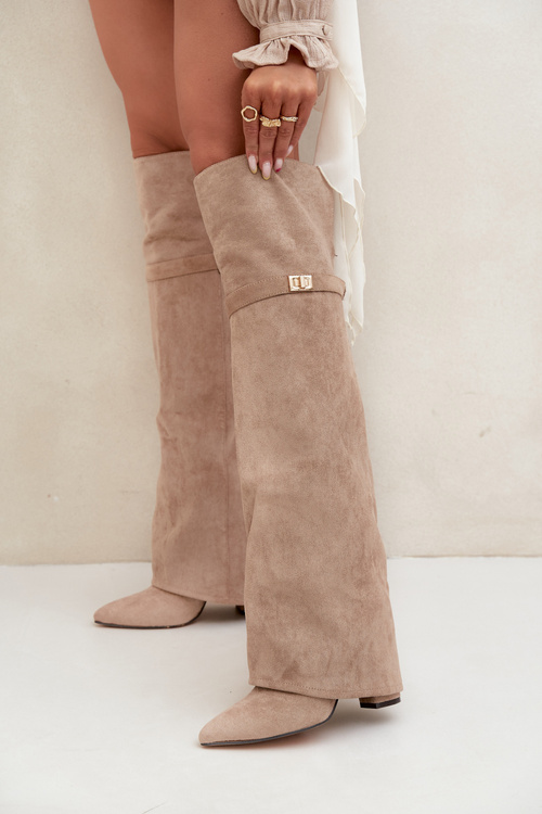 Ізольовані чоботи з оберненим верхом понад коліно підборам блок бежевий Serelle