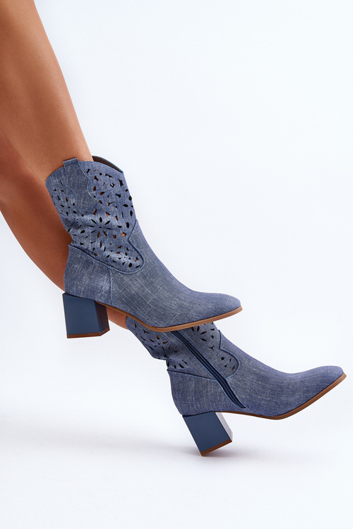 Джинсові чоботи з гратчастим верхом на блочному каблуці Blue Irvelame