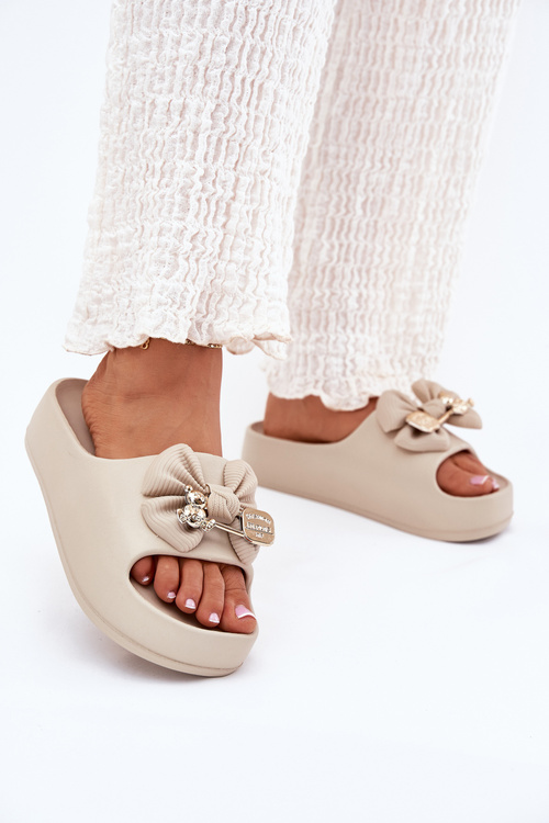 Жіночі Пінні Сандалі На Платформі З Бантом І Брошкою Темно-бежеві Marlize