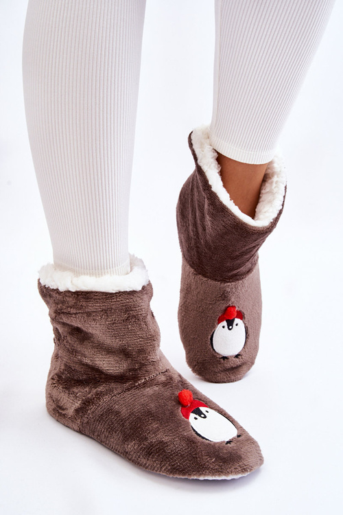 Жіночі тапочки Теплі тапочки з пінгвінами Темно-сірі