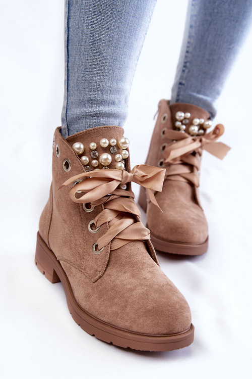 Замшеві утеплені чоботи на блискавці з перлами бежеві Raiso