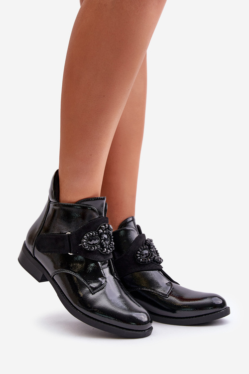 Лаковані жіночі ботильйони з декором утеплені чорні S.Barski HY42-021