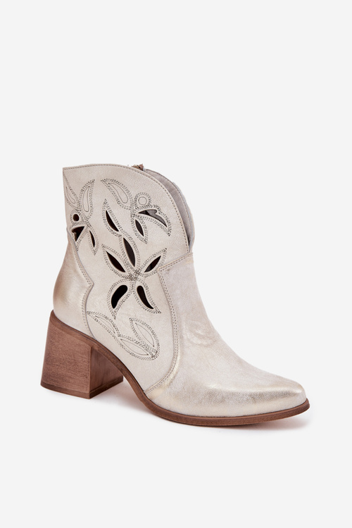 Жіночі ботильйони з відкритою мережею з натуральної шкіри на підборах Zazoo 3690 золотий потертий