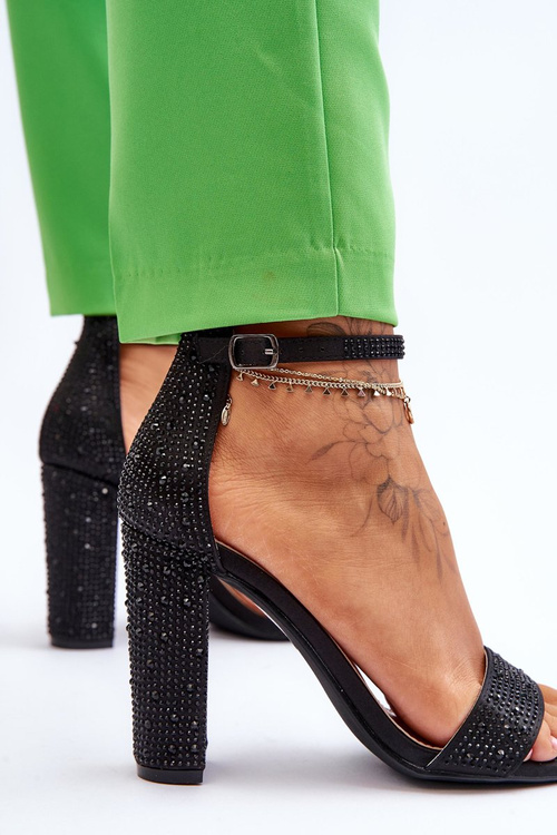 Жіночі босоніжки на високих підборах з цирконами, чорні ідеальні