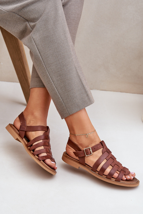 Шкіряні сандалі на плоскому каблуці коричневі Зазу 3686