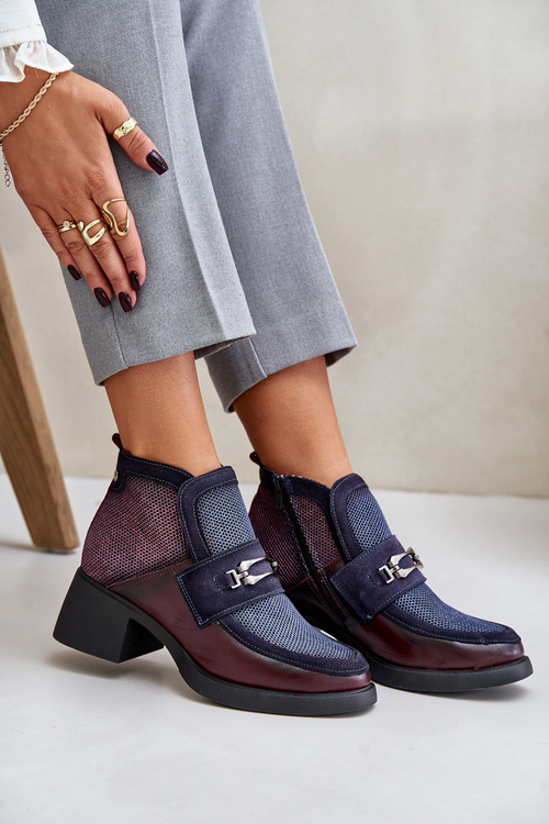 Шкіряні жіночі черевики на масивному каблуці з оздобленням Maciejka A6747-23 Бордово-морський