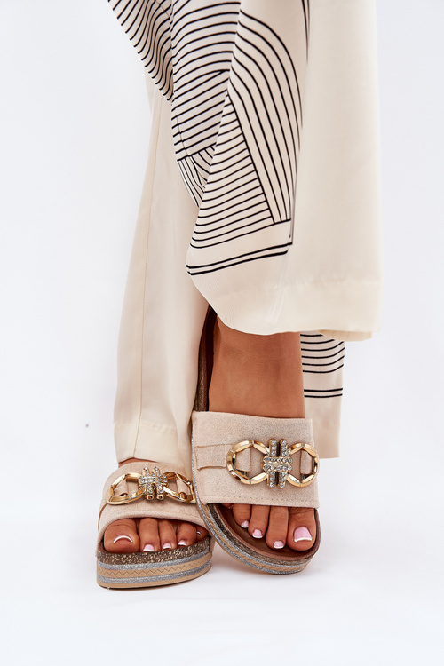 Жіночі Сандалі На Платформі З Блискітками І Золотою Декорацією Бежеві Rilirea