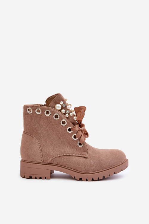 Замшеві теплі ботильйони з перлами і стрічкою бежеві Perla