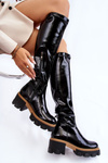 Модні лаковані жіночі чоботи під коліно чорного кольору