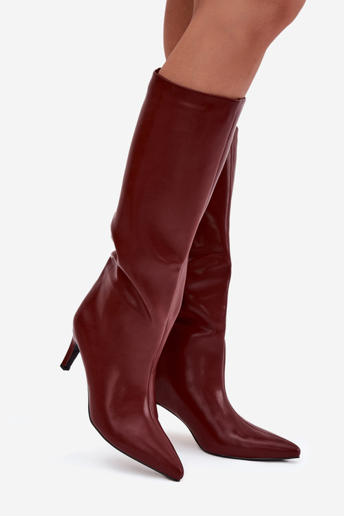 Жіночі чоботи на липучці з утепленням на каблуці бордово-оливковий