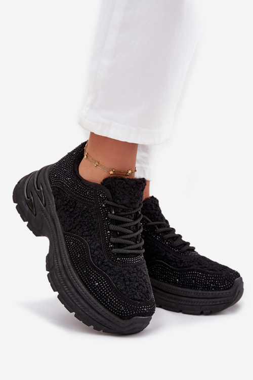 Кросівки Жіночі З Цирконіями І Овечою Шкірою Чорні Zarika