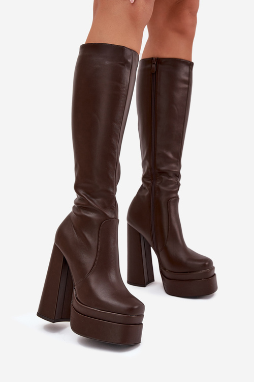 Утеплені жіночі чоботи на підборах і платформі шоколадні Lysara