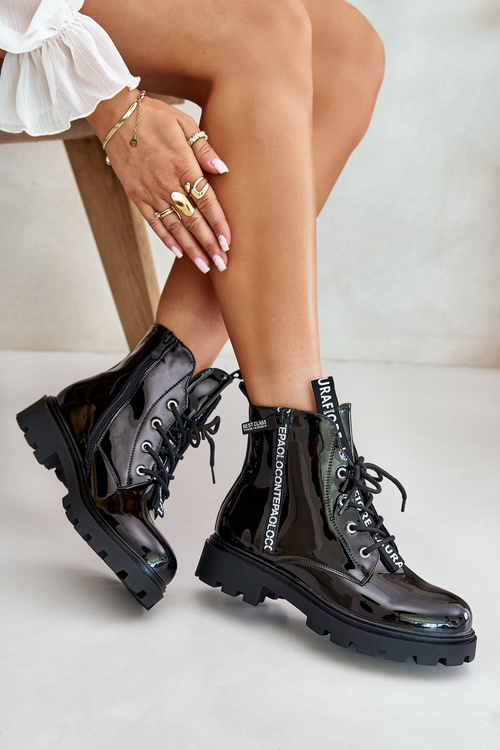 Чоботи робочі лаковані жіночі утеплені з надписами чорна цинфрея