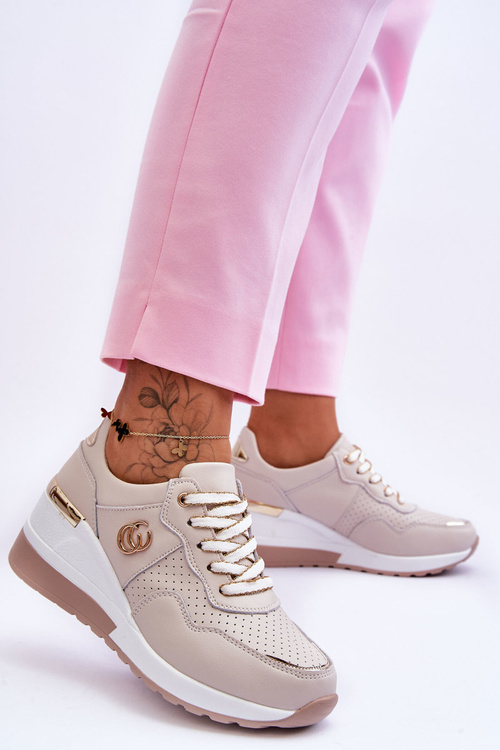 Жіночі шкіряні кросівки на танкетці бежеві Rebeca