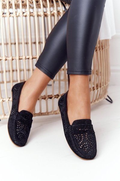 Замшеві ажурні жіночі лофери S.Barski Чорні