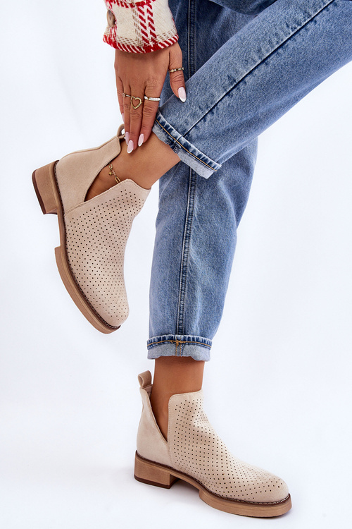 Замшеві ажурні чоботи на плоскій підошві бежеві Angie