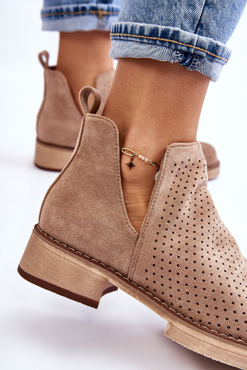 Замшеві ажурні чоботи на плоскій підошві Темно-бежеві Енджі