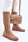 Жіночі замшеві ажурні чоботи бежеві саванна