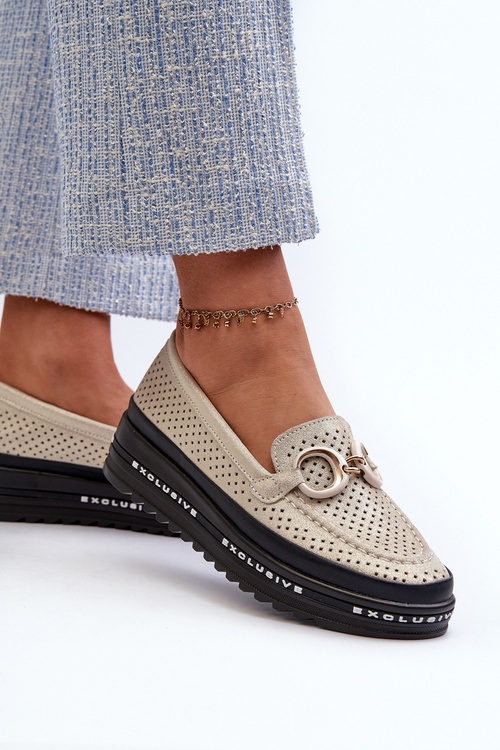 Жіночі шкіряні блискучі мокасини на платформі з декором S.Barski LR750 Gold