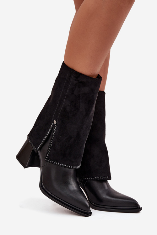 Шкіряні жіночі черевики на підборах з загнутим халявою з опаленням Maciejka K7206-01 Чорний