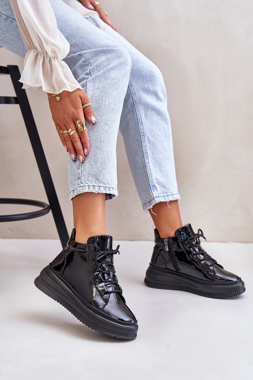 Легке лаковане спортивне взуття на платформі з натуральної шкіри Artiker 55C1049 Чорне