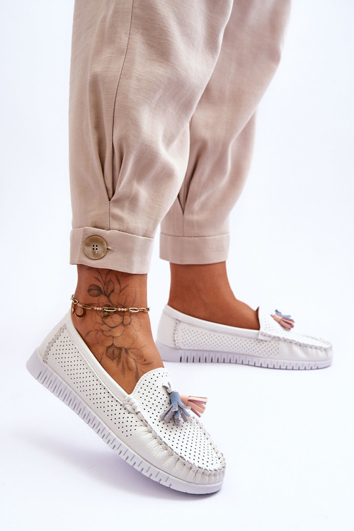 Жіночі ажурні шкіряні лофери білі Lanzarot