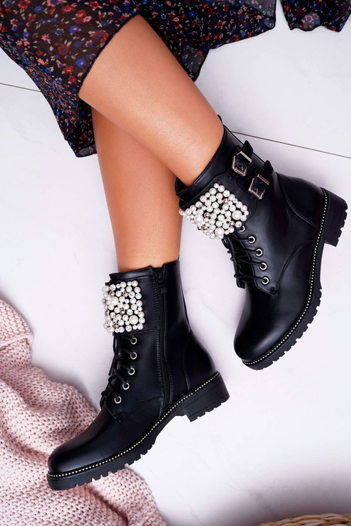 Жіночі військові черевики на плоскій підошві чорні Bemmer