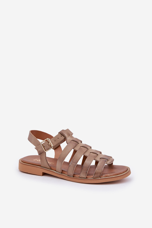 Шкіряні сандалі на плоскому каблуці темно-бежеві Зазу 3686